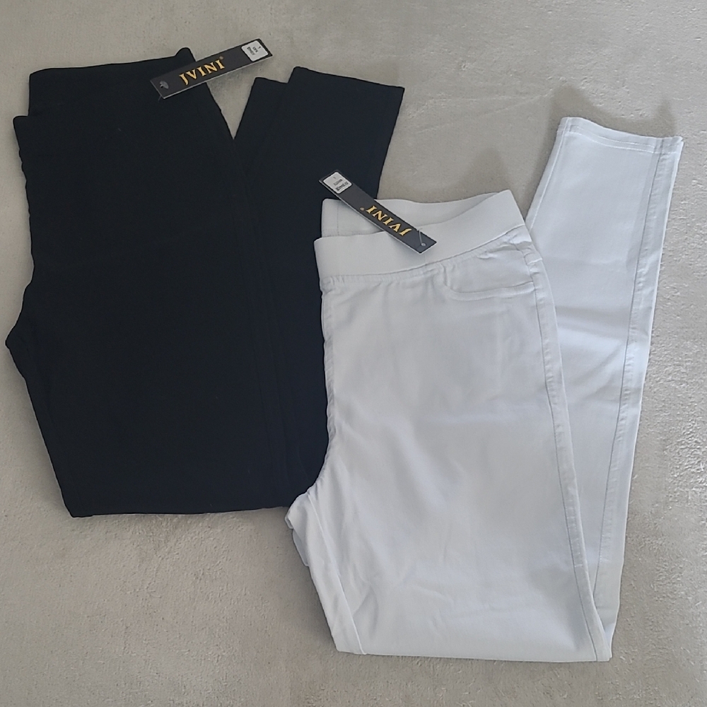 White Black Pull On Stretch Skinny Pants Womens Large Elastic Waist Bundle 2